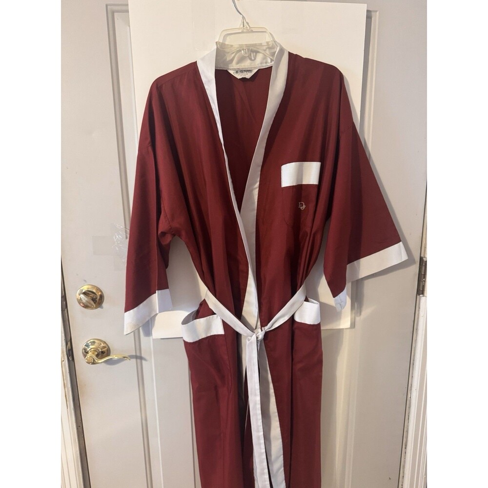 Vintage Christian Dior Monsieur Robe Burgundy Ivory Shawl Collar Belted One Size - Picture 7 of 7